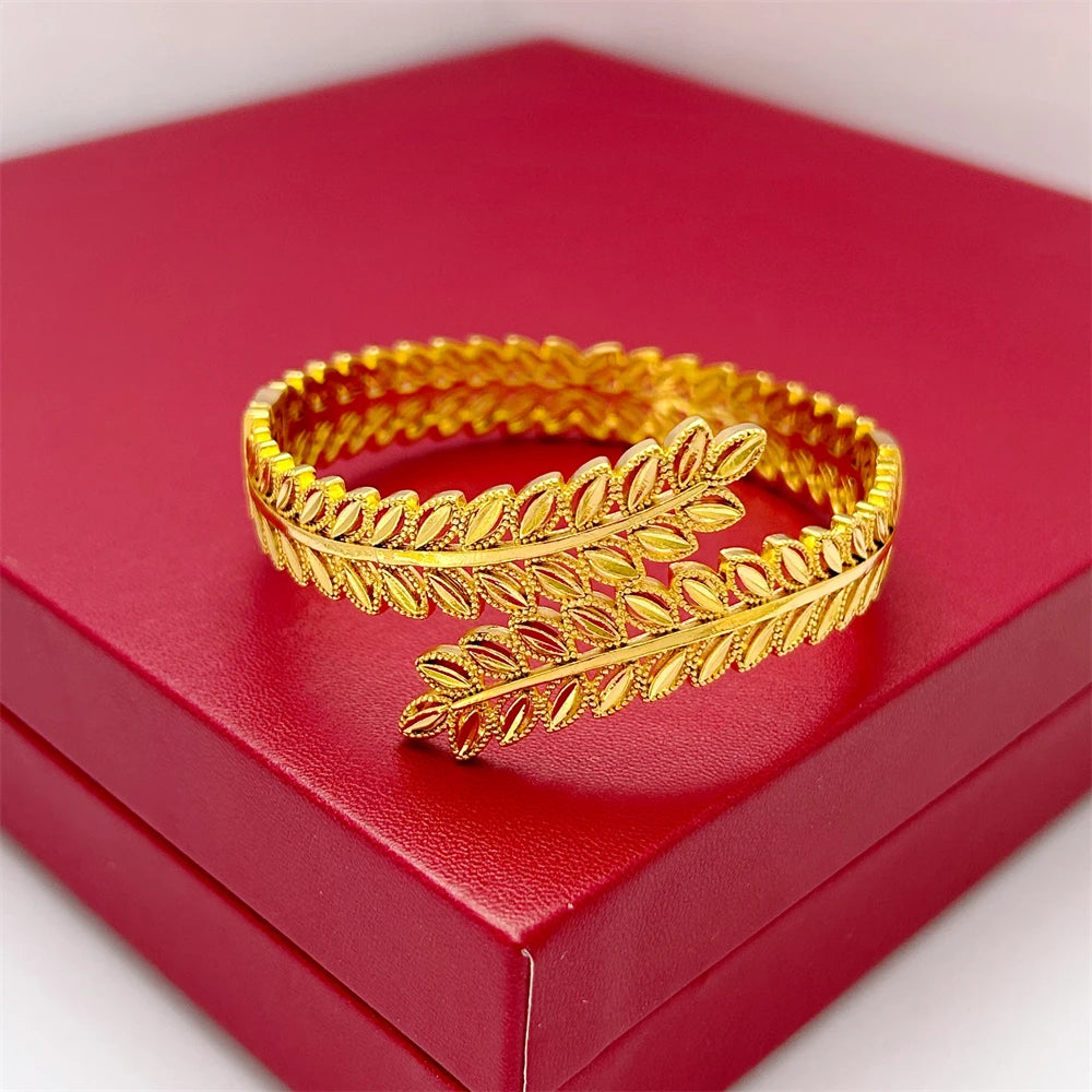 Dubai Gold Color Jewelry Sets for Women Exquisite Leaf Wide Bangle Bracelet & Ring 2 pcs Set Wedding Bridal Accessories