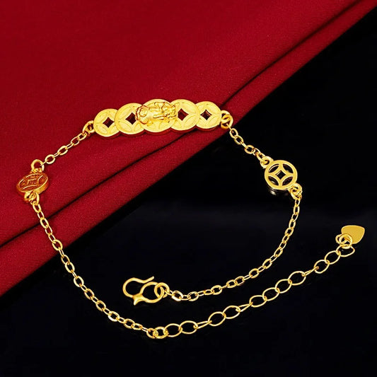 Women's 24K Gold Bracelet | Double Pixiu guarding coins, cloud - engraved chain, aged finish, classic & eye - catching