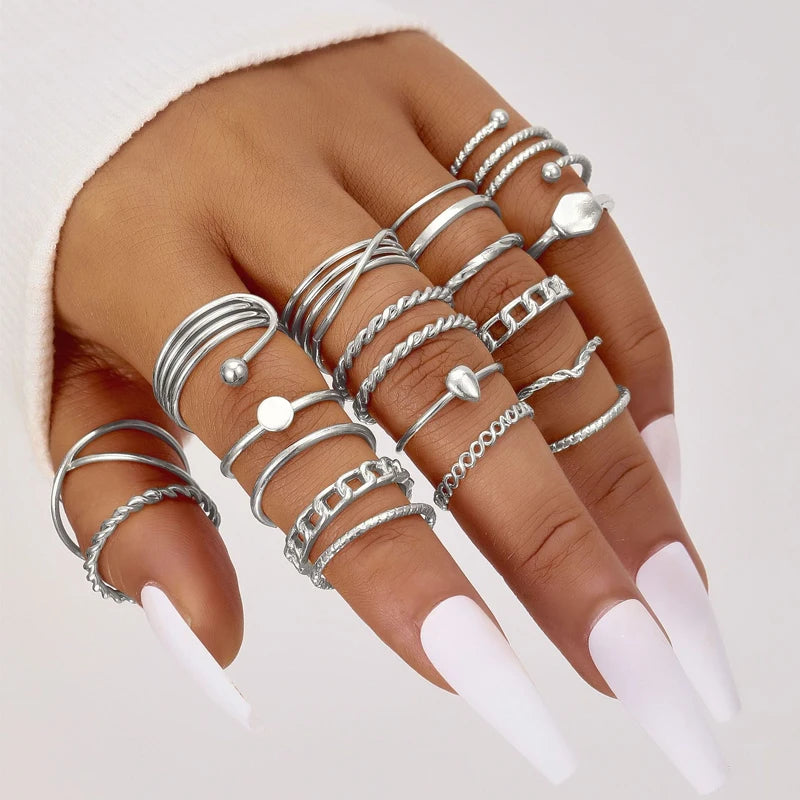 24pcs Fashion Stunning Rhinestone Ring Set Bohemian Elegant Minimalist Snake Geometric Design Ring Party Daily Wear Jewelry Gift