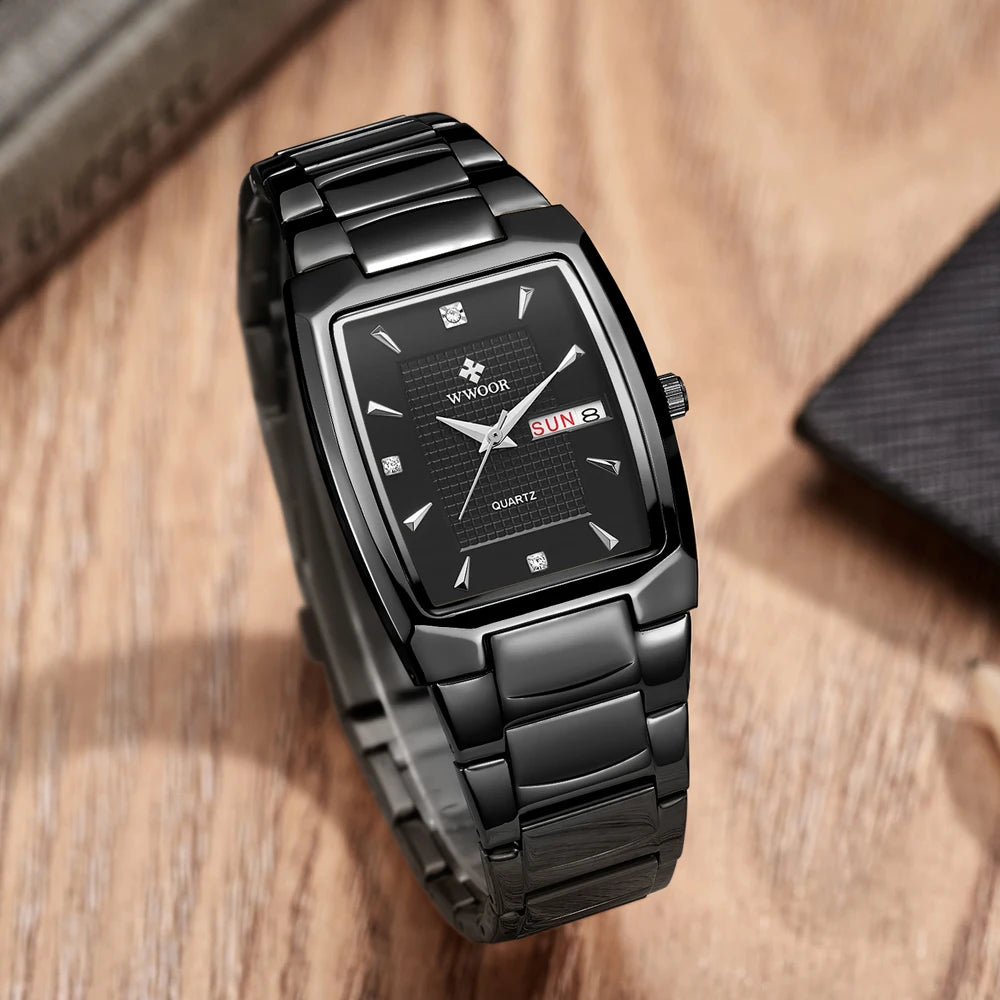 WWOOR Luxury Men's Wristwatch Top Brand Fashion Square Dial Stainless Steel Calendar Waterproof Men Quartz Watches Casual Clock