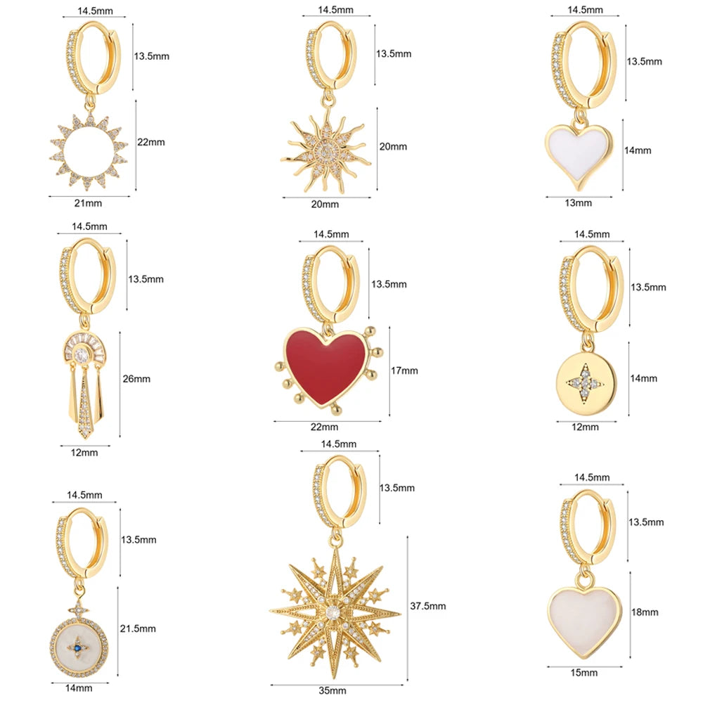 Cute Sun Moon Star Rainbow Red Heart Love Rose Flower Korean Hoop Earrings for Women Gold Color New In Earring High Quality