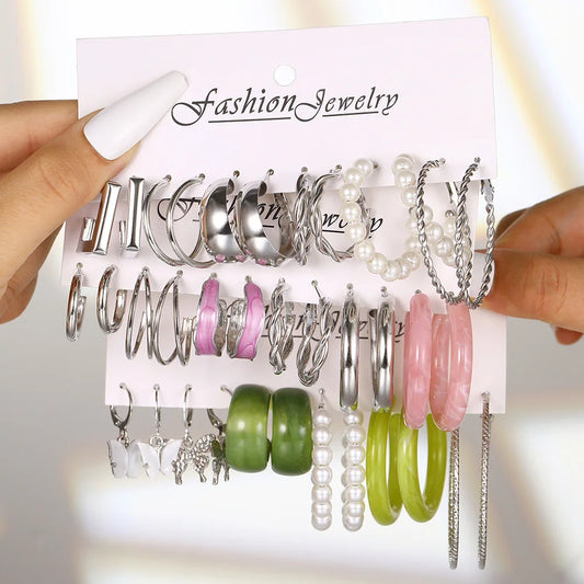 18 Pcs New Fashion Colorful Earrings Set For Women Boho Butterfly Gold Silver Color Pearl Circle Dangle Earrings Jewelry Gifts