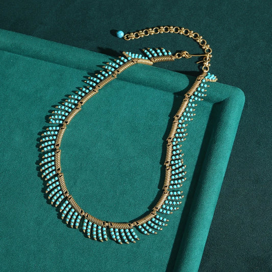 Blue Stone Beaded Necklace Vintage Jewelry Sets For Woman High Quality Luxury Gold Color Leaf Bohemian Accessories Retro Style