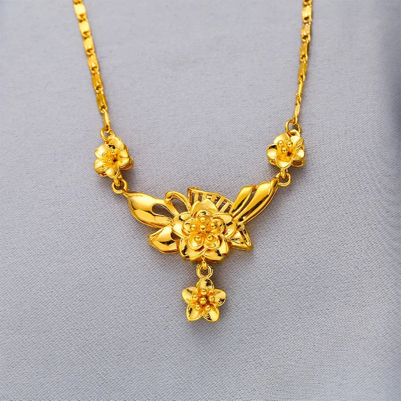 Yellow Gold Plated Multi Flowers Pendant Choker Necklaces for Women 18 inch Collar Wedding Bridal Jewelry Accessories Gifts