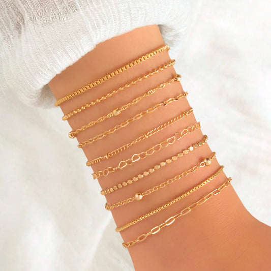 10 Pcs Vintage Statement Gold Color Flat Snake Chain Box Chain Bracelet Boho Multi-layer Metal Bracelet Women's Summer Jewelry