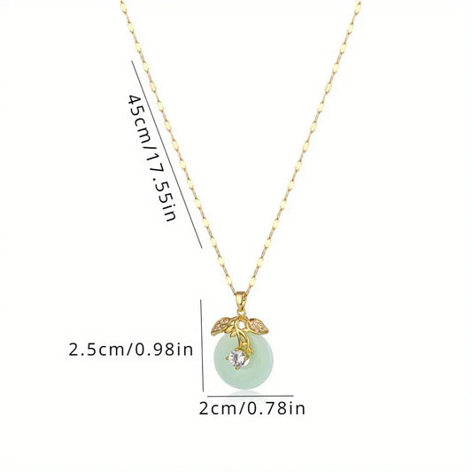 18k Gold Plated Titanium Steel Chain Fashion Chinese Style Imitation Jade Lucky Leaf Pendant Necklace Anniversary Gift