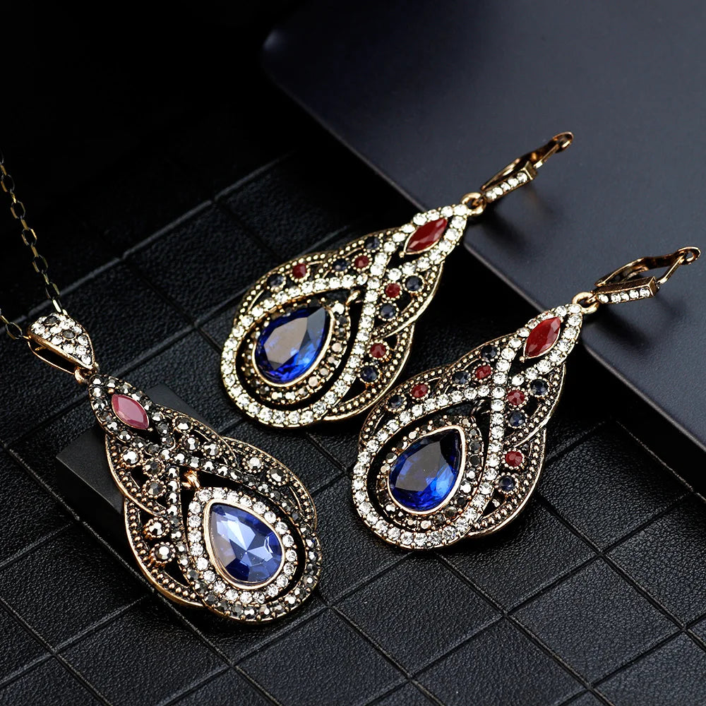 Neovisson Turkish Women Long Hook Dangle Earring Water Drop Pendant Necklace Jewelry Sets Antique Gold Color Resin Gift