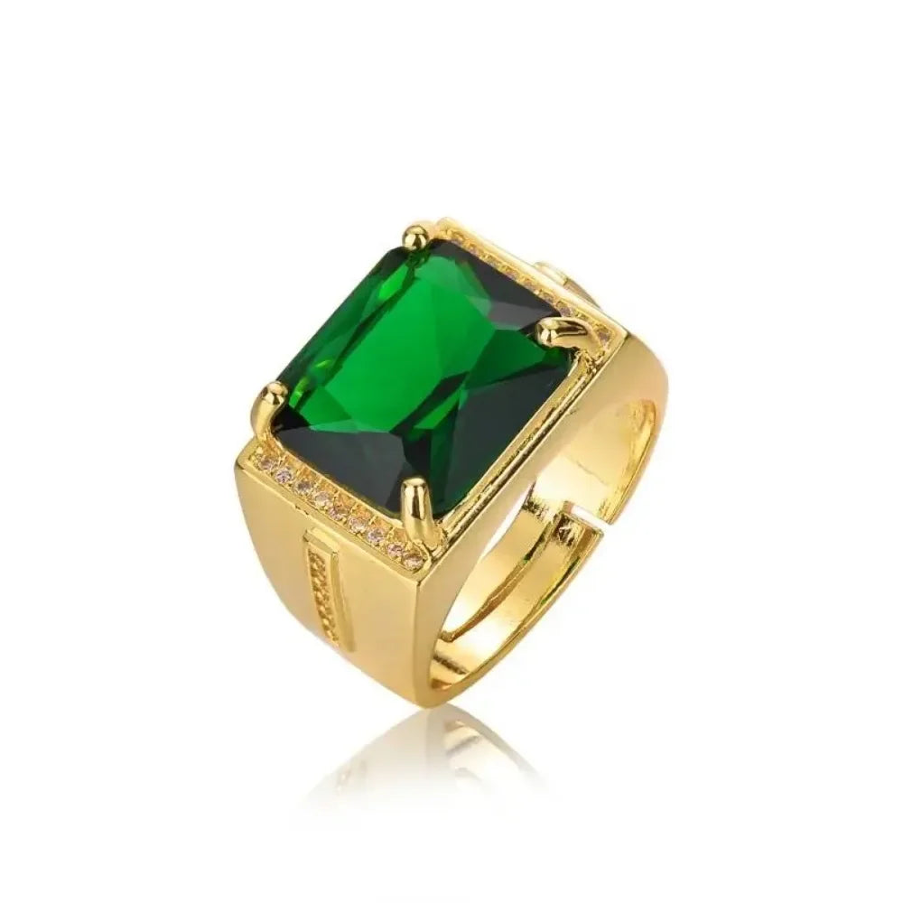 Popular Emerald Rings Men's Jewelry Retro Style Square Ethnic Rings 14k Gold Color Open Green Diamond Ring for Gift Box
