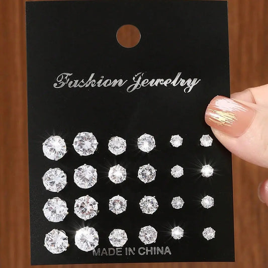 12pairs Fashionable Minimalist Cubic Zirconia Sparkly Earrings,Suitable For Holidays, Parties, Dates, Gifts, Everyday Wear
