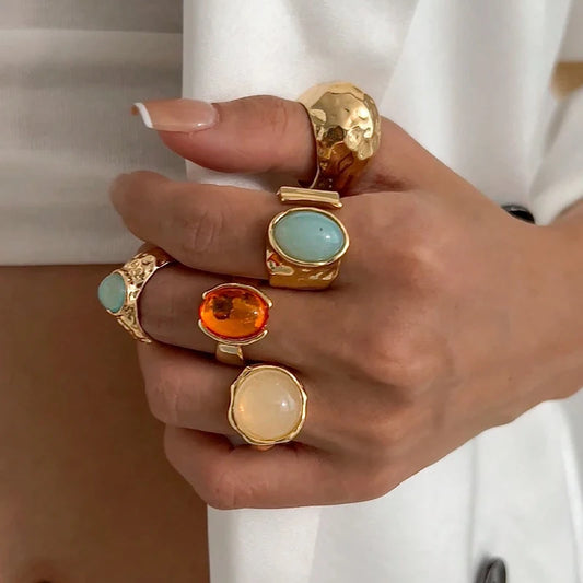 Vintage Chic Geometric Stone Inlaid Ring Set for Women Simple Chunky Gold Color Geometric Rings Daily Wear Party Jewelry Gifts