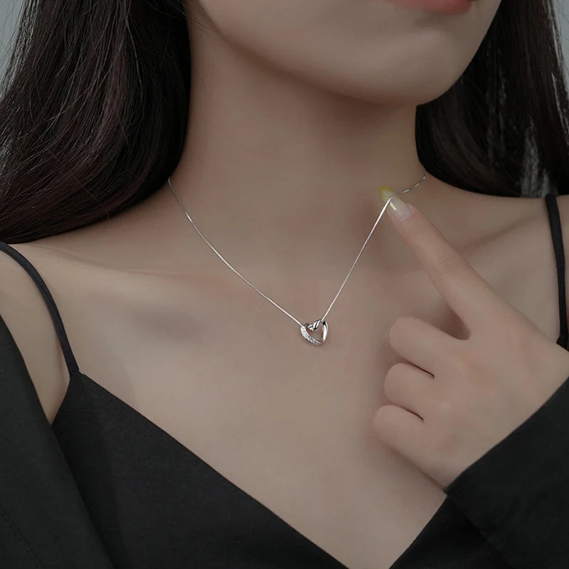 INZATT Real 925 Sterling Silver Zircon Hollow Heart Choker Necklace for Women Cute Fine Jewelry Minimalist Accessories