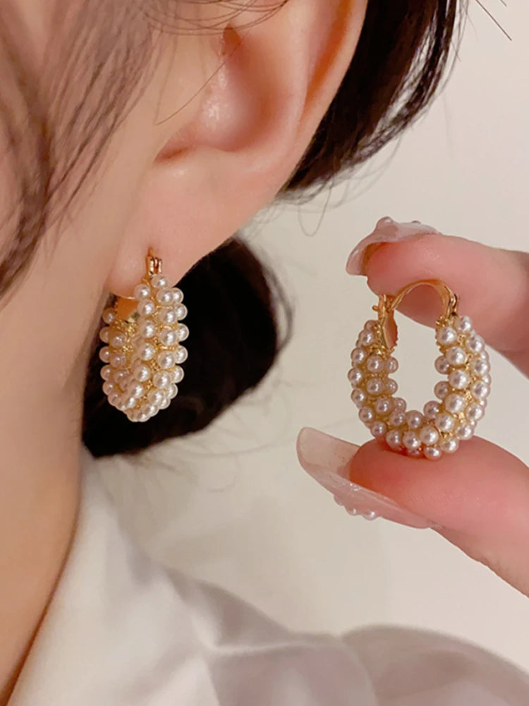 FTCY 1 Pair Vintage Pearl Round Earrings for Women Big Hoop Pierced Allergy Resistant Earrings Jewelry Wholesale