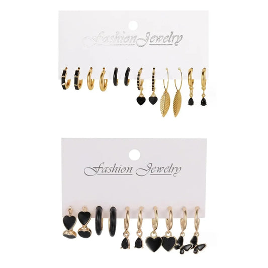 Simple 11 Pcs Black Heart Leaf Butterfly Earrings Set for Women Fashion Temperament Hoop Earring Holiday Wedding Jewelry Gift