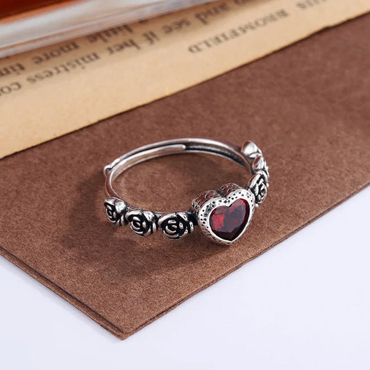 Romantic Love Heart Red Crystal Rose Flower Retro Thai Silver Female Finger Ring For Women Hand Jewellery Accessories
