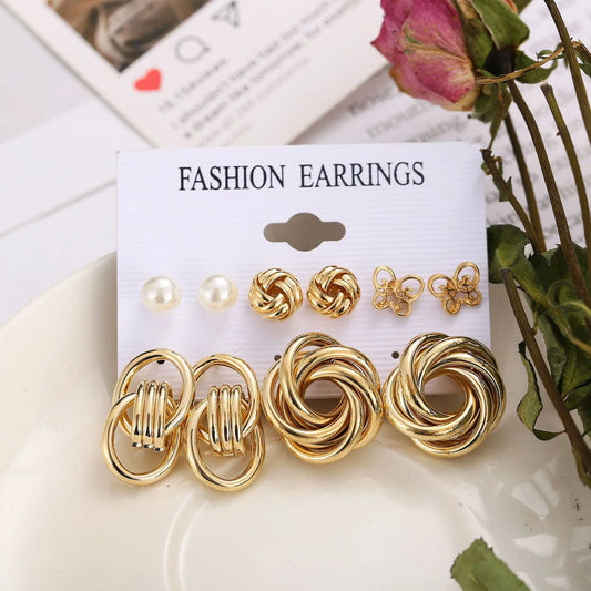 Vintage Metal Twisted Rope Knot Stud Earrings Fashion Hollow Butterfly Leaf Earrings Women's Versatile Big Set Jewelry Gift 2025
