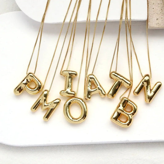 Gold Plated Metal Chunky Alphabet Balloon Bubble Initial Letter Pendant Necklace for Women Men Boy Fashion Jewelry