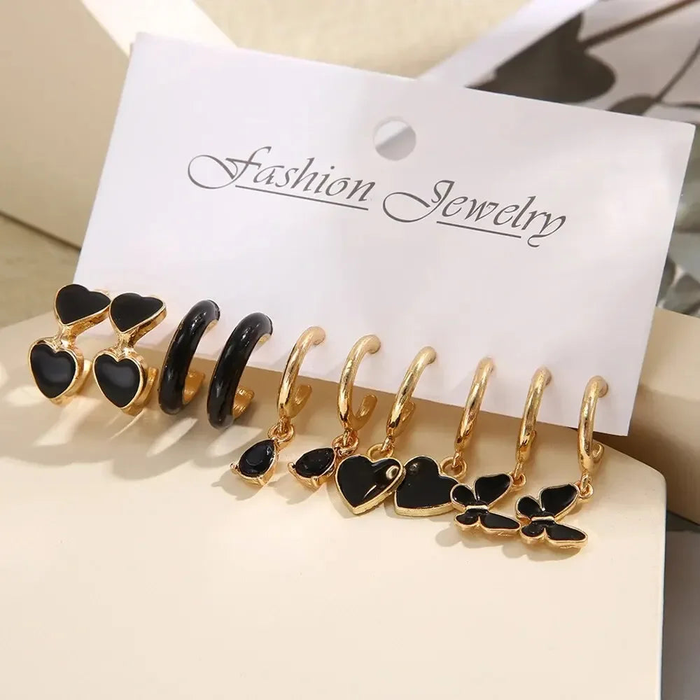 Simple 11 Pcs Black Heart Leaf Butterfly Earrings Set for Women Fashion Temperament Hoop Earring Holiday Wedding Jewelry Gift