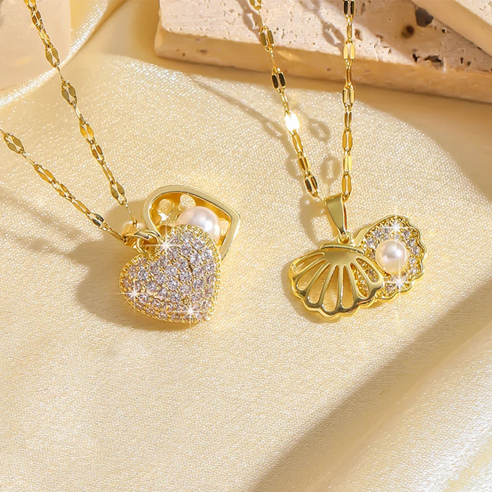 ZAKOL French Shell Pearl Necklace For Women Gold Color Stainless Steel Zircon Love Heart Clavicle Chain Choker Wedding Jewelry