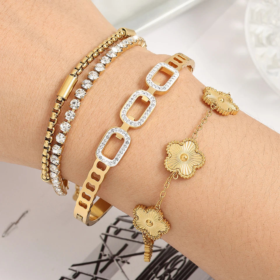 ZAKOL 3Pcs Gold Color Stainless Steel Stacked Bracelet Bangles for Women Geometric Five-Leaf Flower Zircon inlaid Bracelet Gift