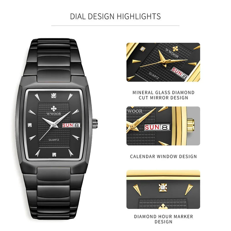 WWOOR Luxury Men's Wristwatch Top Brand Fashion Square Dial Stainless Steel Calendar Waterproof Men Quartz Watches Casual Clock