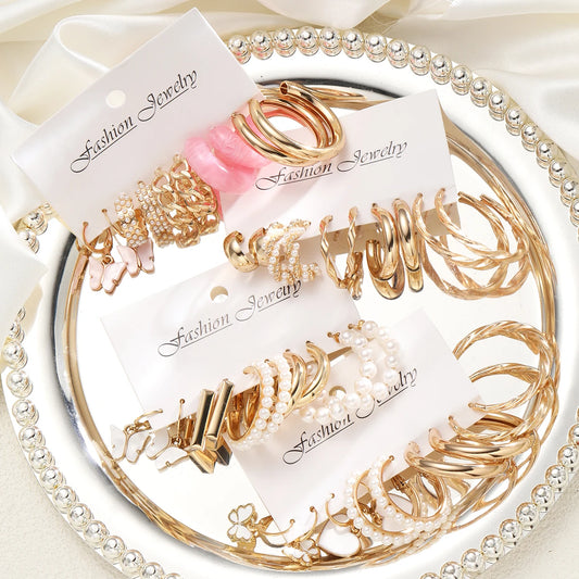 New European and American Earring Set for Women Gold Color Minimalist Big Circle Butterfly Heart Pearl Earrings Jewelry Gifts