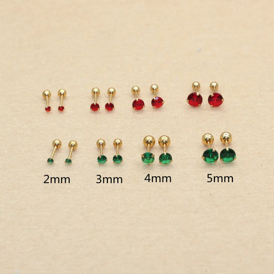 Size From 2mm to 5mm Stainless Steel Green Red Color Round Stond Screw-Back Stud Earrings No Fade Allergy Free Brief Jewelry
