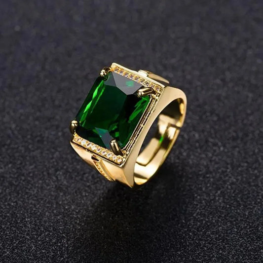 Popular Emerald Rings Men's Jewelry Retro Style Square Ethnic Rings 14k Gold Color Open Green Diamond Ring for Gift Box