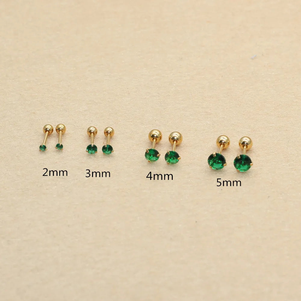 Size From 2mm to 5mm Stainless Steel Green Red Color Round Stond Screw-Back Stud Earrings No Fade Allergy Free Brief Jewelry