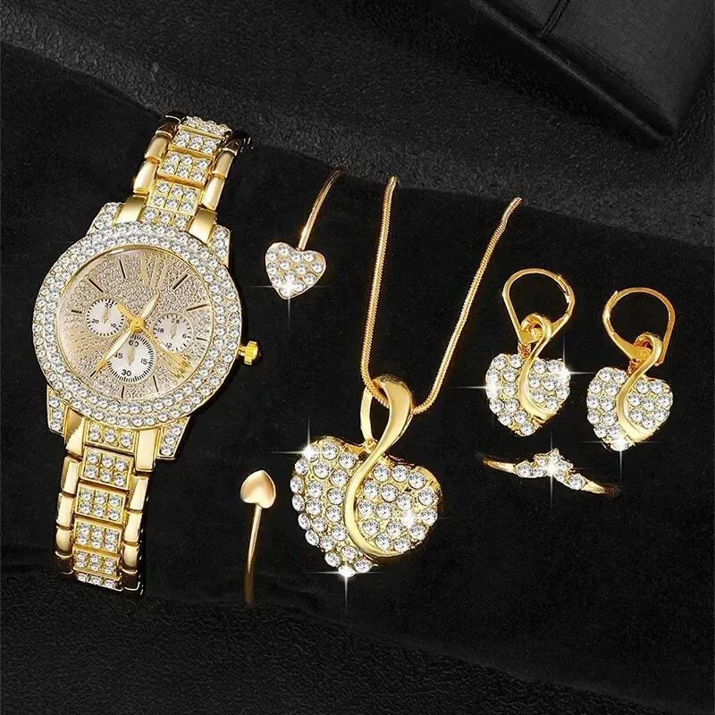 6PCS/Set Luxury Rhinestone Women Watches Fashion Roma Dial Quartz Wristwatch Jewelry Set