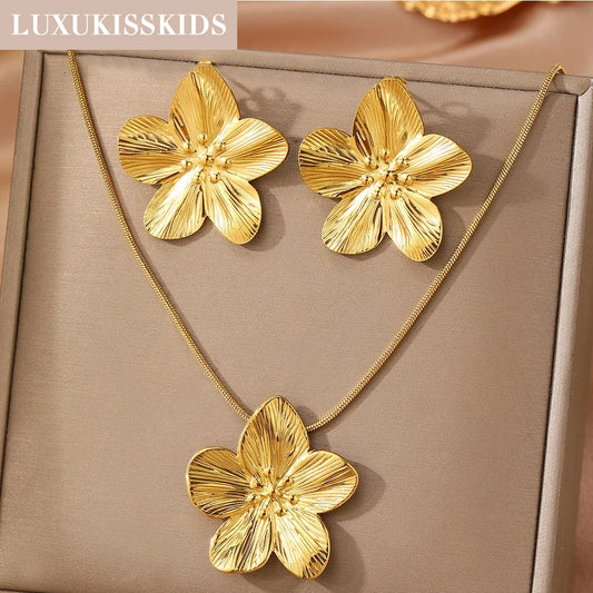 LUXUKISSKIDS 2PC Women's Fashion Trendy Stainless Steel Flower Earrings Necklace Set Gold-Plated Jewellry Party Dressing Gifts