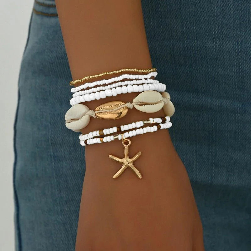 Bohemian Shell Starfish Bead Bracelet Set for Women Fashion Summer Beach Multilayer Stacked Pearl Bracelets Party Jewelry Gifts