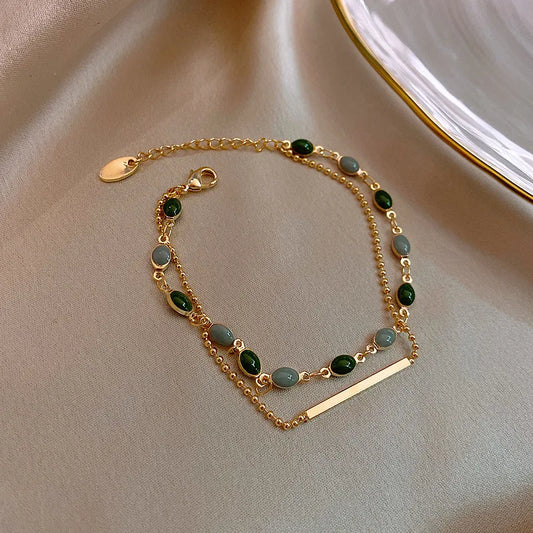 Vintage Double Layer Green Oil Dropping Bracelet for Women Simple Gold Color Beaded Chain Adjustable Charm Bracelet Jewelry Gift