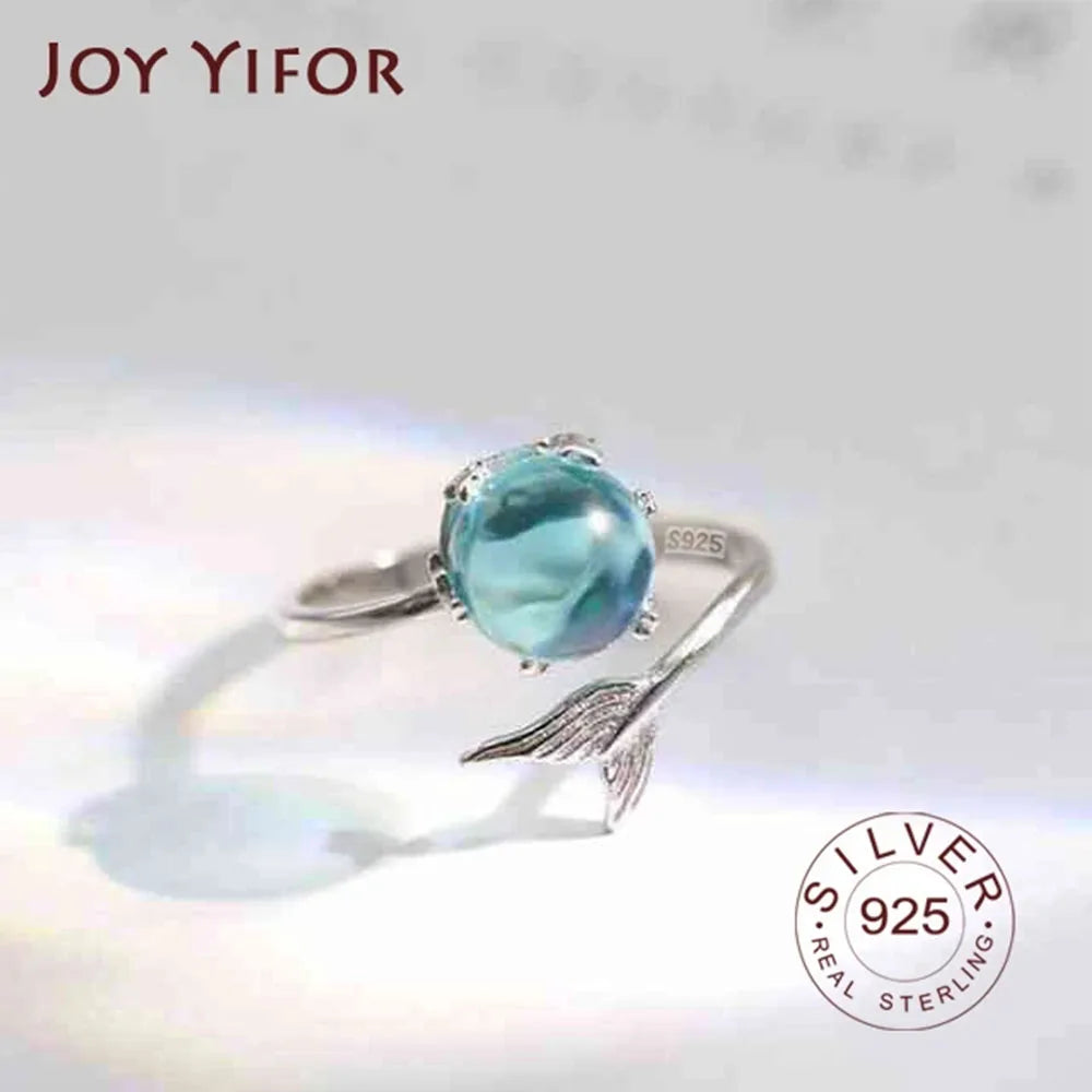 BF CLUB Silver Color Open Blue Crystal Mermaid Bubble Rings for Women Girls Gift Statement Jewelry Adjustable Finger Ring