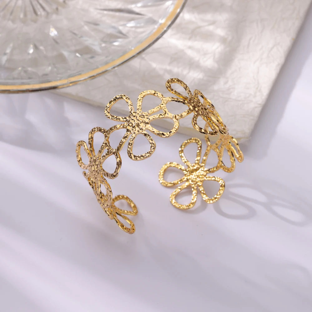 Stainless Steel Bracelet For Women Men Aesthetic Flower Leaf Bangle Opening Gold Color Geometric Bangles Bracelets Femme Jewelry