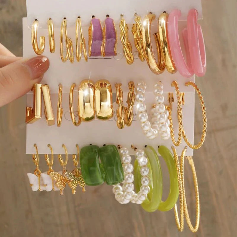 18 Pcs New Fashion Colorful Earrings Set For Women Boho Butterfly Gold Silver Color Pearl Circle Dangle Earrings Jewelry Gifts