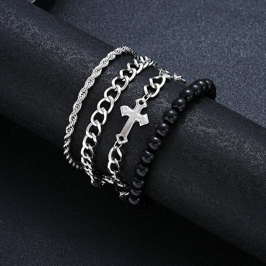 4 Pcs Stainless Steel Bracelet Set For Men Women Punk Fashion Cross Beads Chain Bracelets Simple Hip Hop Unisex Jewelry Gift New