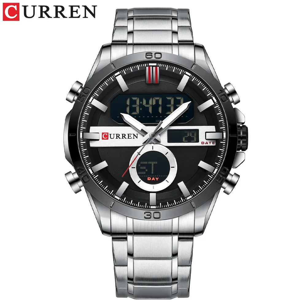 Curren 8384 Men's Multifunctional Watch, Dual-display Movement Luminous Calendar & Week Steel-strap Wristwatch