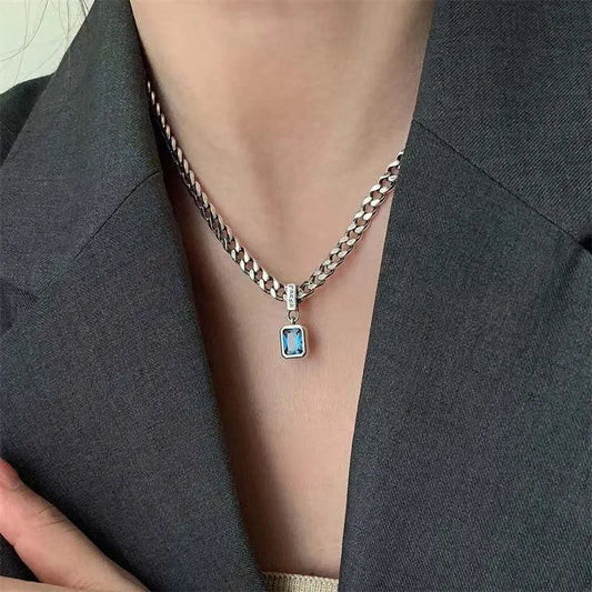 2025 Korean Fashion Blue Zircon Square Pendant Necklace for Women Vintage Silver Color Clavicle Chain Choker Jewelry Gift