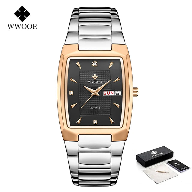 WWOOR Luxury Men's Wristwatch Top Brand Fashion Square Dial Stainless Steel Calendar Waterproof Men Quartz Watches Casual Clock