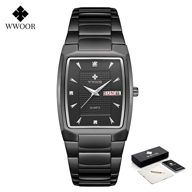 WWOOR Luxury Men's Wristwatch Top Brand Fashion Square Dial Stainless Steel Calendar Waterproof Men Quartz Watches Casual Clock