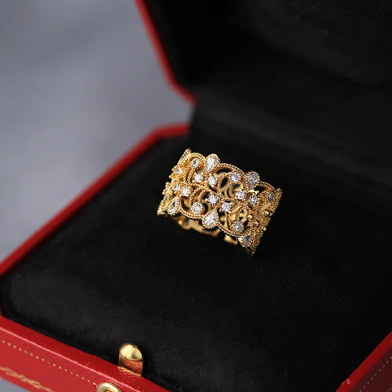 Italian Craft Silver Vintage Court Style S925 Silver Gold-Plated Ring Zircon Hollow-out Clover of Four Leaves Simple Temperament