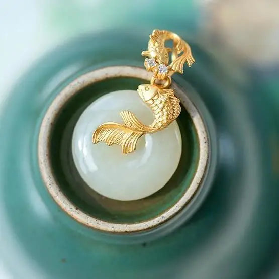 Designer original new natural Hetian jade koi necklace pendant retro light luxury ladies silver jewelry