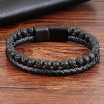 Charm Rope Stainless Steel Magnetic Natural Stone Leather Man Bracelet Beaded Braclet Volcanic Stone bracelet bangles Chain Gift
