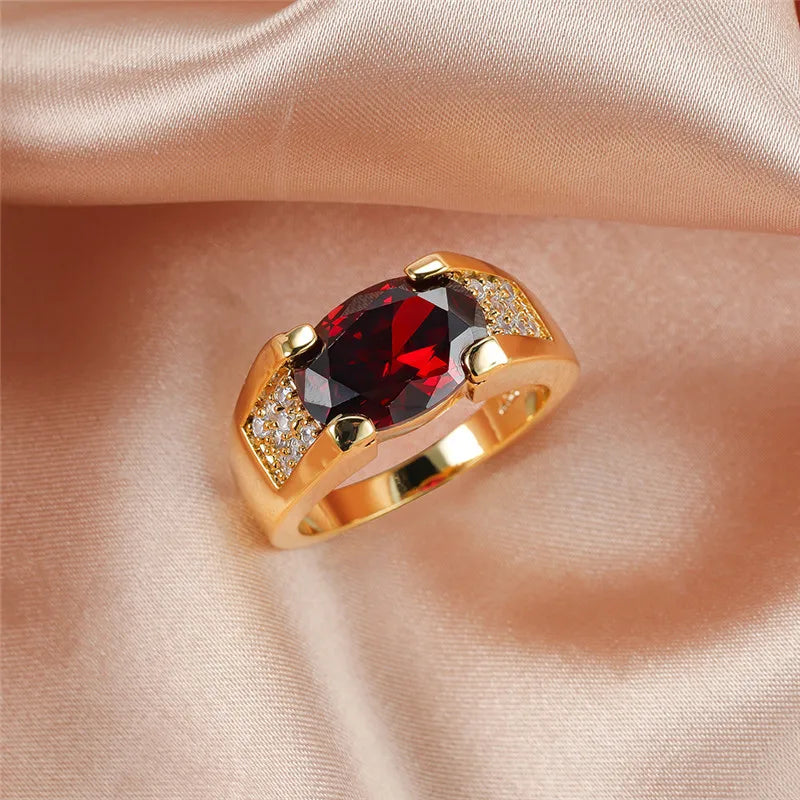 Charm Male Female Red Crystal Stone Ring 18KT Yellow Gold Color Thin Wedding Rings For Women Luxury Oval Zircon Engagement Ring