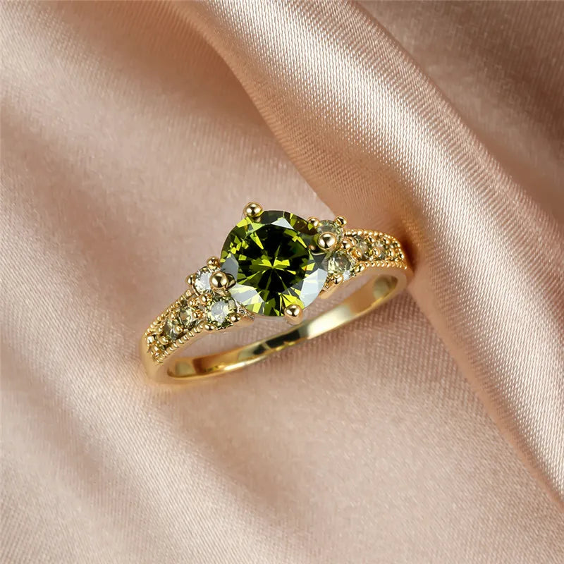 Simple Female Olive Green Crystal Jewelry Charm Gold Color Thin Wedding Rings For Women Cute Bride Round Zircon Engagement Ring