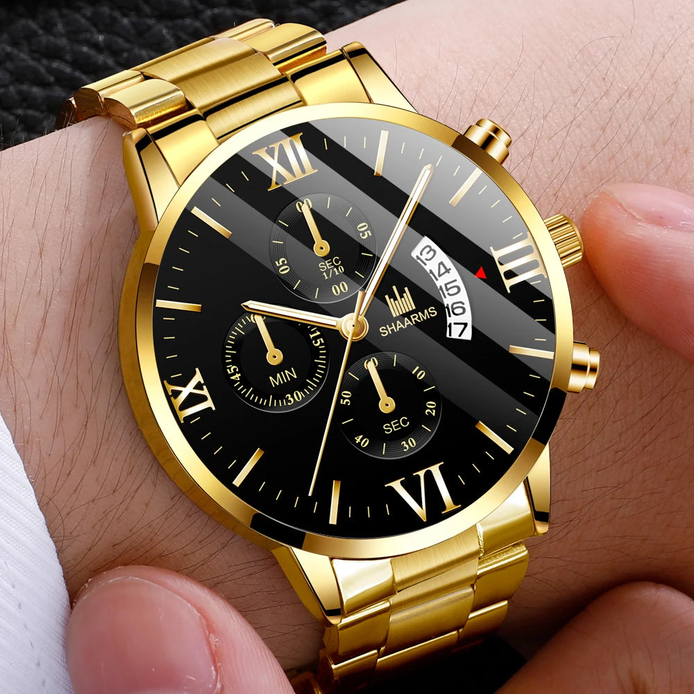 Business  Brand Luxury Men's Military Quartz Watch Men's Stainless Steel Gold Black Calendar Date Watch Male Clock Relogio