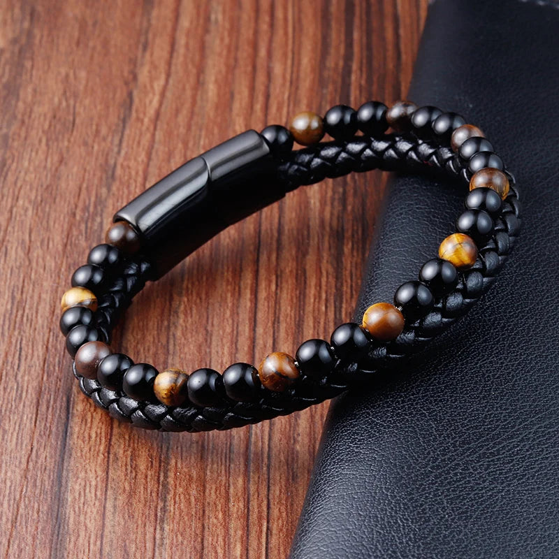 Charm Rope Stainless Steel Magnetic Natural Stone Leather Man Bracelet Beaded Braclet Volcanic Stone bracelet bangles Chain Gift