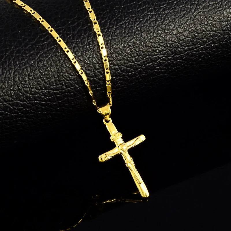 New 24K Gold Necklace Cross Pendant Gold Plated Necklace Men's & Women's Jewelry Gift 45CM/50CM