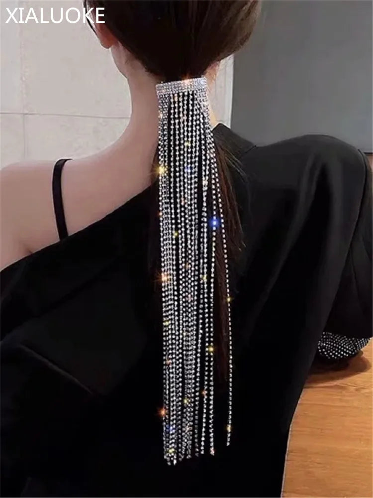 XIALUOKE Vintage Shine Full Rhinestone Hairpins For Women Bijoux Long Tassel Crystal Hair Barrettes Wedding Banquet Jewelry