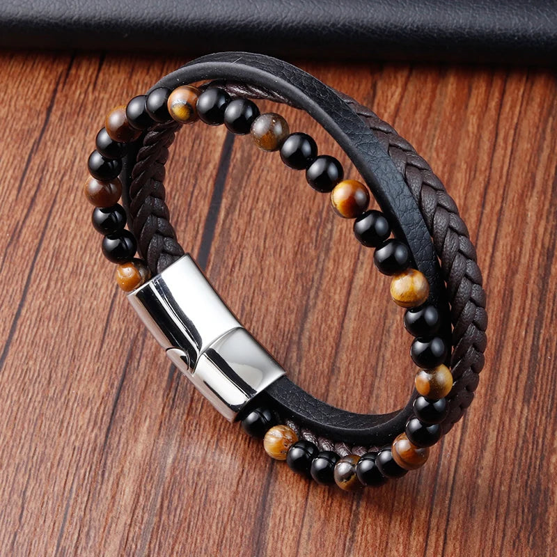 Charm Rope Stainless Steel Magnetic Natural Stone Leather Man Bracelet Beaded Braclet Volcanic Stone bracelet bangles Chain Gift